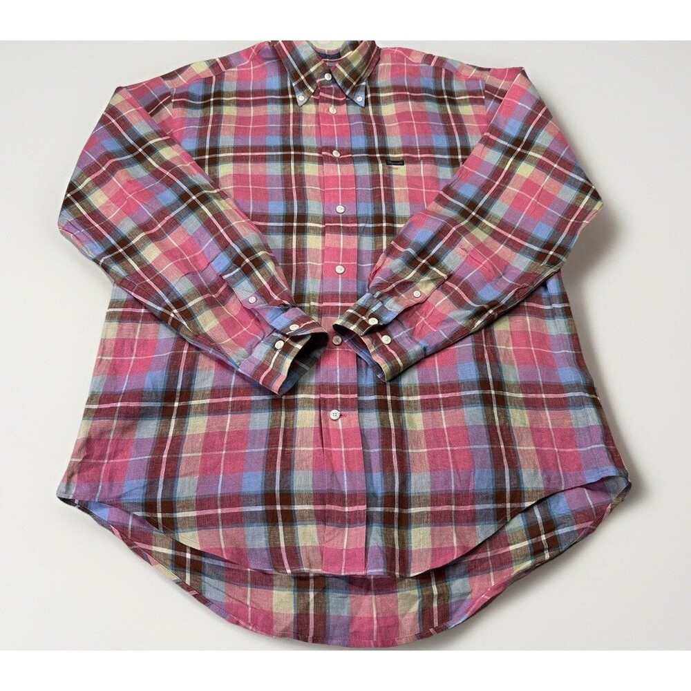 Façonnable Linen Button Up Shirt Mens M Pink Plaid Lightweight Summer